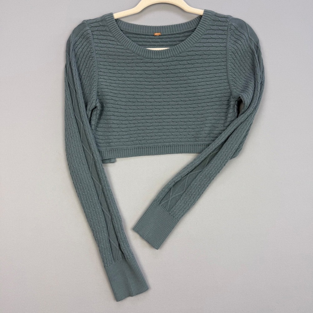 Free People On The Town Cropped Sweater Shrug Long Sleeve Dusty Blue  Cable Knit
